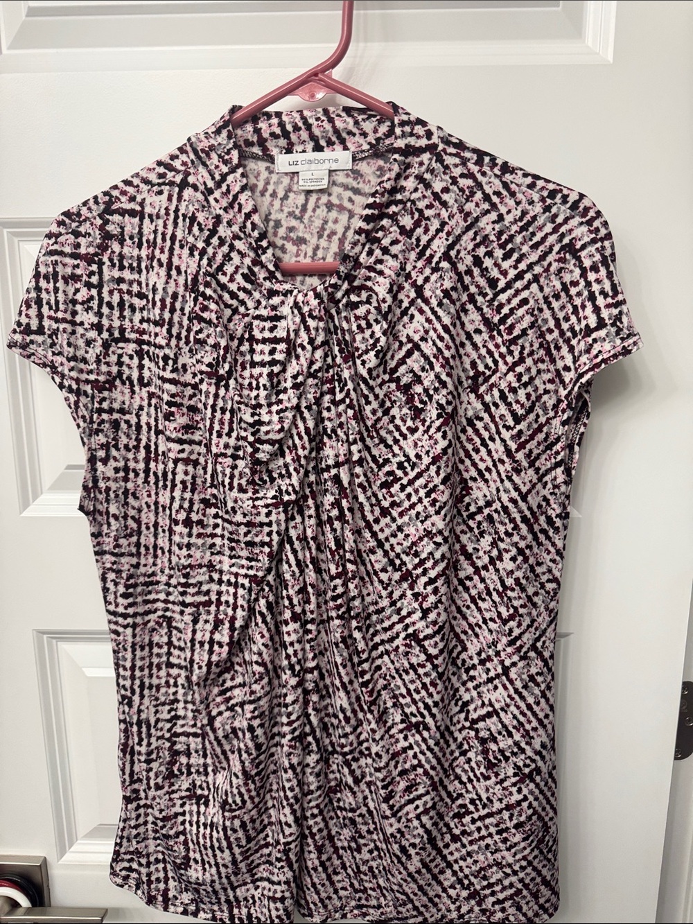 Liz Claiborne Pink and Black Abstract Print Tie-Neck Blouse